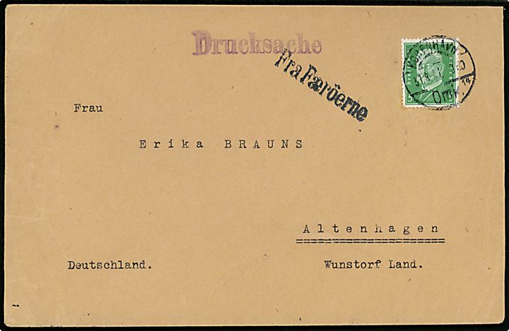 Tysk 5 pfg. Hindenburg på tryksag annulleret med dansk stempel i København d. 31.8.1931 og sidestemplet Fra Færöerne til Altenhagen, Tyskland. Interessant anvendelse.