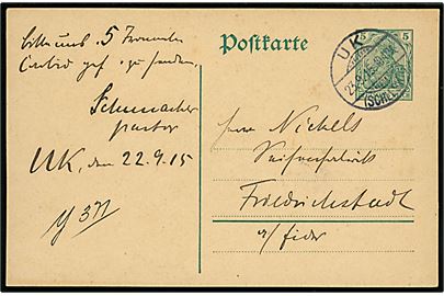 5 pfg. Germania helsagsbrevkort stemplet Uk (Schleswig) d. 23.9.1915 til Friedrichstadt.