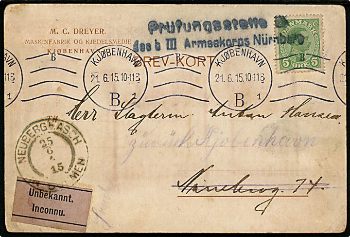 5 øre Chr. X på brevkort sendt som tryksag fra Kjøbenhavn d. 21.6.19151 til Neuberg, Böhmen, Østrig. Returneret som ubekendt. Tysk censur fra III Armeekorps i Nürnberg.