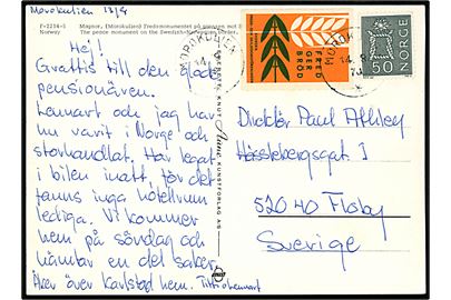 Norsk 50 øre og svensk Fred ger Bröd mærkat på brevkort (Magnor fredsmonument) annulleret med svensk stempel i Morokulien d. 14.8.1970 til Floby, Sverige.