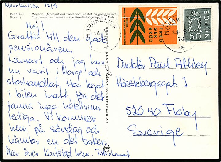 Norsk 50 øre og svensk Fred ger Bröd mærkat på brevkort (Magnor fredsmonument) annulleret med svensk stempel i Morokulien d. 14.8.1970 til Floby, Sverige.