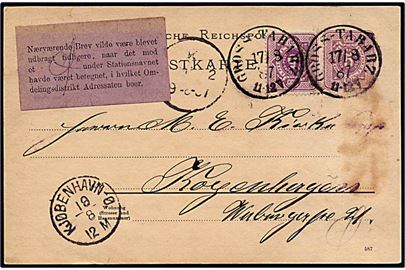 5 pfennig violet på kort fra Gross-Tabarz d. 17.8.1887 til København. Lilla vignet om fyldig adressering.