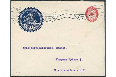 15 øre rød helsageskuvert (fabr. 42-Z) fra Esbjerg d.15.10.1923 til København. Reklame tiltryk fra “Esbjerg Jernstøberi & Maskinfabrik”