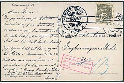 3 øre Bølgelinie på lokal brevkort i København d. 28.6.1914. Tydeligt aftryk af rødt ramme stempel “Forsinket paa Grund af mangelfuld Adressering.”