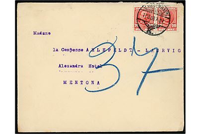 10 øre Fr. VIII i parstykke på fortrykt kuvert fra Udenrigsministeriet stemplet Kjøbenhavn d. 17.3.1908 til Alexandra Hotel, Menton, Frankrig.