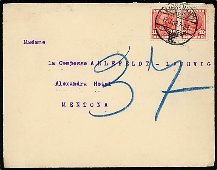 10 øre Fr. VIII i parstykke på fortrykt kuvert fra Udenrigsministeriet stemplet Kjøbenhavn d. 17.3.1908 til Alexandra Hotel, Menton, Frankrig.