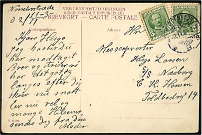 5 øre Fr. VIII (2) på brevkort fra Kjøbenhavn d. 2.11.1911 til sømand ombord på S/S Næsborg via rederiet C. K. Hansen i København.