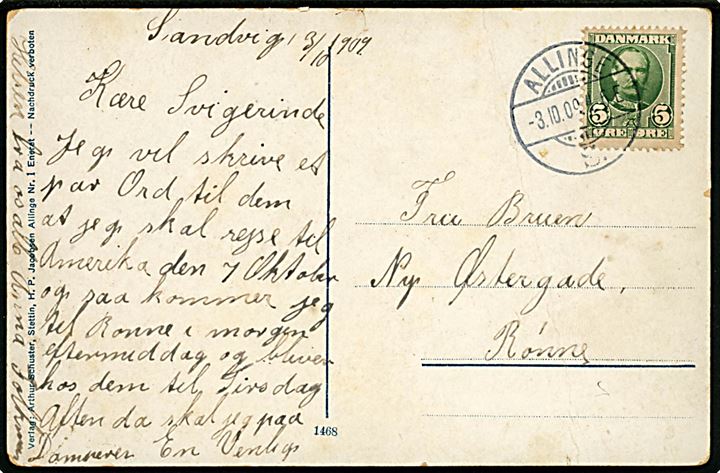 5 øre Fr. VIII på brevkort (Hammershus) annulleret med brotype Ia Allinge S. (= Sandvig) d. 3.10.1909 til Rønne.