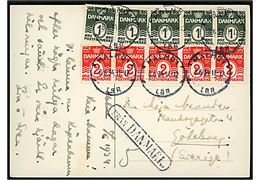 1 øre stålstik (5) og 2 øre bogtryk (5) Bølgelinie på brevkort fra København annulleret med svensk stempel i Malmö d. 8.6.1934 og sidestemplet Från Danmark til Göteborg, Sverige.