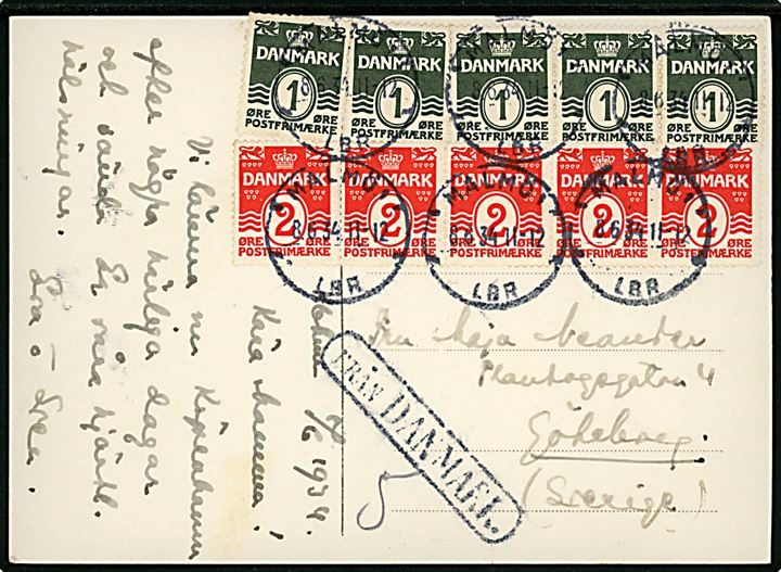 1 øre stålstik (5) og 2 øre bogtryk (5) Bølgelinie på brevkort fra København annulleret med svensk stempel i Malmö d. 8.6.1934 og sidestemplet Från Danmark til Göteborg, Sverige.