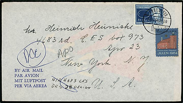 60 øre Niels Bohr og Julemærke 1964 på luftpostbrev fra København d. 19.12.1964 til dansk arbejder på Thulebasen på Grønland via amerikansk feltpostadresse APO 23, New York, USA.