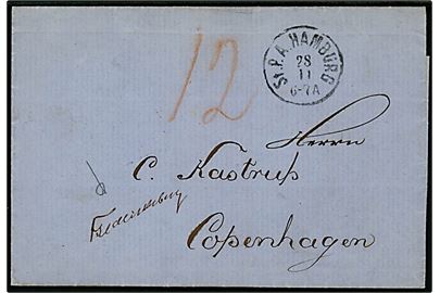 Ufrankeret portobrev stemplet St. P.A. Hamburg d. 28.11.186x til København. Påskrevet 12 skilling porto.