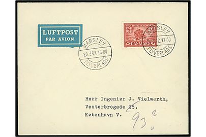 20 øre Vitus Bering på isluftpost-brev annulleret med brotype IIc Marslev Flyveplads d. 20.3.1942 til København.