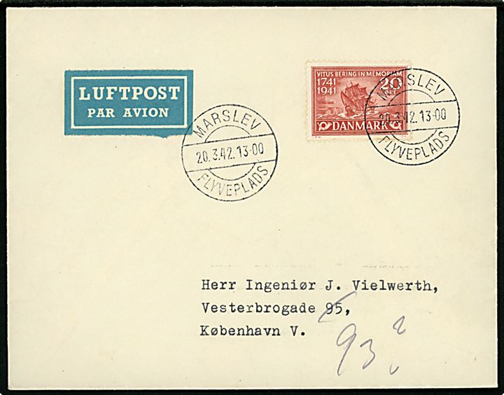 20 øre Vitus Bering på isluftpost-brev annulleret med brotype IIc Marslev Flyveplads d. 20.3.1942 til København.