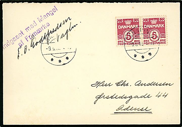 5 øre Bølgelinie i parstykke på brev annulleret Snapind d. 9.5.1940 til Odense. Violet stempel Indgaaet med Mangel af Frimærke. Bagklap klippet. 