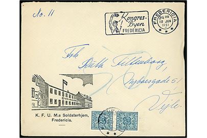 Ufrankeret illustreret brev fra K.F.U.M.s Soldaterhjem i Fredericia d. 12.6.1951 til Vejle. Udtakseret i porto med 25 øre Portomærke i parstykke annulleret Vejle.
