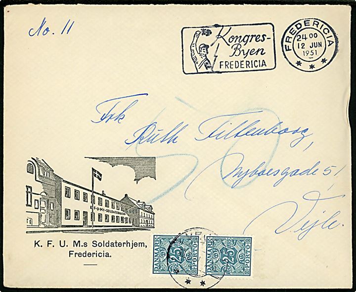 Ufrankeret illustreret brev fra K.F.U.M.s Soldaterhjem i Fredericia d. 12.6.1951 til Vejle. Udtakseret i porto med 25 øre Portomærke i parstykke annulleret Vejle.