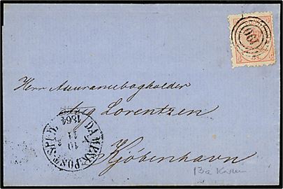 4 sk. karmin Krone/Scepter (kludetakket) på brev annulleret med nr.stempel 190 og sidestemplet antiqua Dampsk:Post-Sped: No. 3 d. 10.11.1864 til Kjøbenhavn.