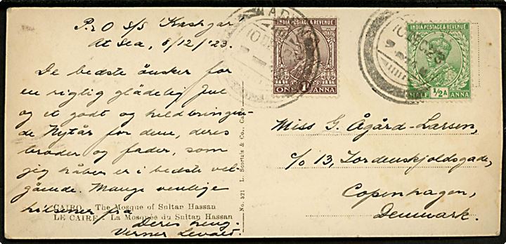 Indisk ½ anna og 1 anna George V på brevkort (Moske i Cairo) skrevet ombord på S/S Kashgar og annulleret i Aden d. 10.12.1923 til København, Danmark.