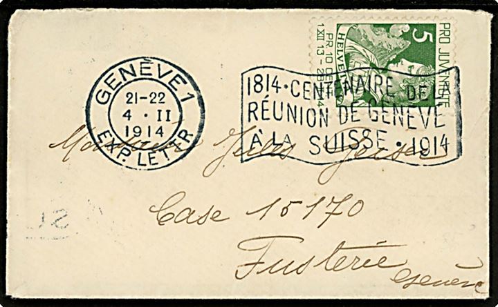 5+5 c. Pro Juventute 1913 udg. single på lille lokalbrev i Geneve d. 4.2.1914.
