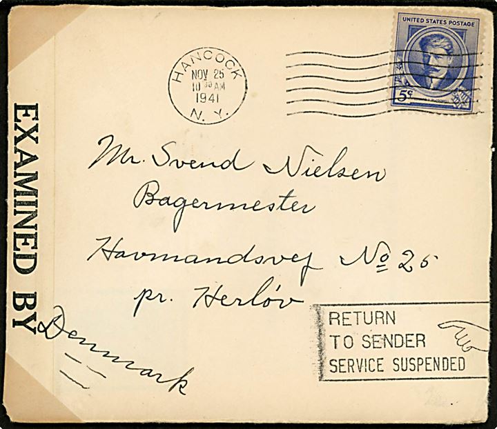 5 cents MacDowell på brev med julekort fra Hancock d. 25.11.1941 til Herlev, Danmark. Åbnet af amerikansk censur no. 6421 og returneret med maskinstempel Return to Sender / Service Suspended.