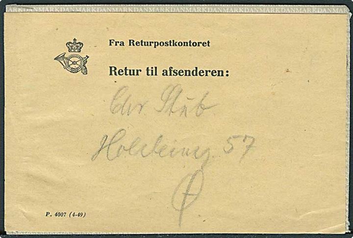 40 øre Fr. IX aerogram (fabr. 1) fra København d. 12.11. 1949 til New York, USA. Returneret og påsat vignet fra Returpostkontoret form. P.4007(4-49).