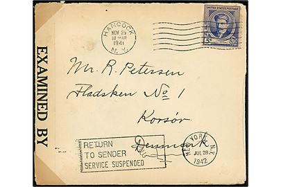 5 cents MacDowell (defekt) på brev med julekort fra Hancock d. 25.11.1941 til Korsør, Danmark. Åbnet af amerikansk censur no. 6421 og returneret med maskinstempel Return to Sender / Service Suspended/New York d. 28.7.1942.