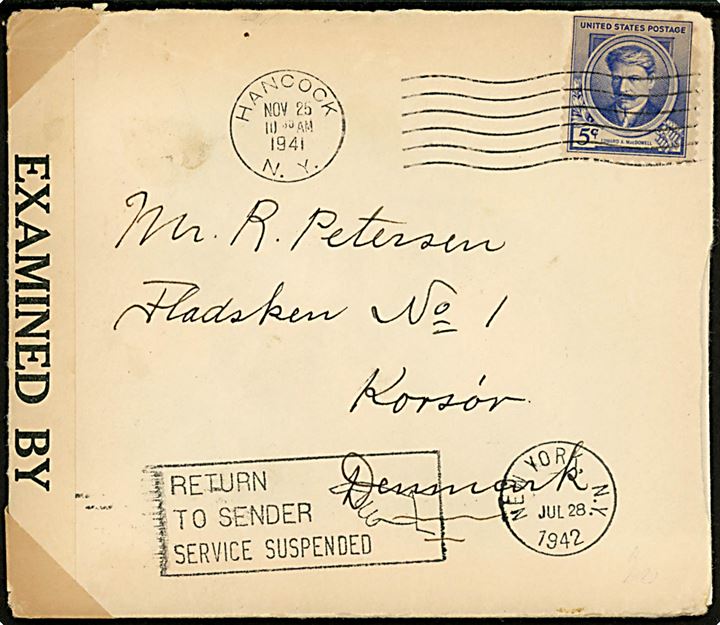 5 cents MacDowell (defekt) på brev med julekort fra Hancock d. 25.11.1941 til Korsør, Danmark. Åbnet af amerikansk censur no. 6421 og returneret med maskinstempel Return to Sender / Service Suspended/New York d. 28.7.1942.