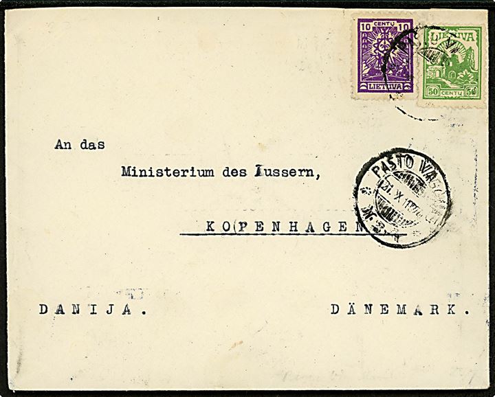 10 c. og 50 c. på fortrykt kuvert fra Det danske konsulat i Kovno annulleret med bureaustempel PASTO
VAGONAS * 3-4 * (= Kybartai-Klaipėda) d. 21.10.1924 til Udenrigsministeriet i København, Danmark.