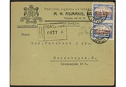 30 c. Republik 10 år i parstykke på anbefalet brev fra Riga d. 29.11.1928 til København. På bagsiden ank.stemplet København K. 0.Omb. 2.12.1928 (= søndag).