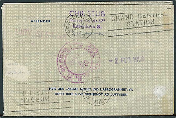 40 øre Fr. IX aerogram (fabr. 1) fra København d. 12.11. 1949 til New York, USA. Returneret og påsat vignet fra Returpostkontoret form. P.4007(4-49).