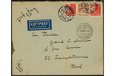 10 øre Bølgelinie og 15 øre Karavel (2) på 40 øre frankeret luftpostkort fra København d. 16.8.1932 til Basel, Schweiz. Ank.stemplet Basel Flugplatz * Luftpost * d. 126.8.1932