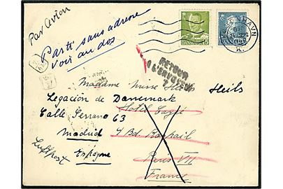 15 øre Fr. IX og 40 øre Chr. X på luftpostbrev fra København d. 24.9.1949 til Paris, Frankrig - eftersendt til den danske legation i Madrid, Spanien.