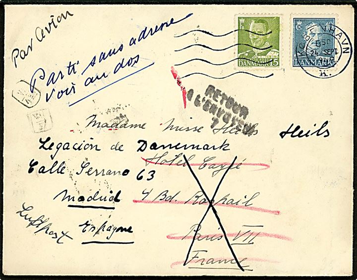 15 øre Fr. IX og 40 øre Chr. X på luftpostbrev fra København d. 24.9.1949 til Paris, Frankrig - eftersendt til den danske legation i Madrid, Spanien.