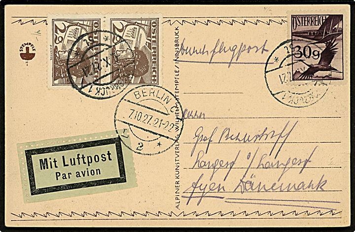 2 gr. (par) og 30 gr. Luftpost på luftpost brevkort fra Innsbruck d. 6.10.1927 via Berlin C2 d. 7.10.1927 til Grev Bernstorff, Langesø , Danmark