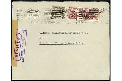 5 cts. Rytter og 25 cts. Isabel i parstykke på brev fra Sevilla d. 13.8.1938 til Erfurt, Tyskland. Spansk censur fra Sevilla-3.