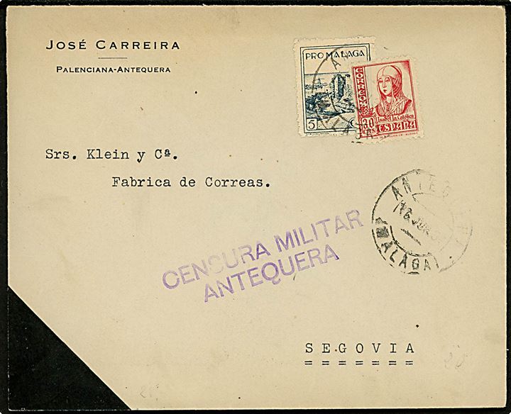 30 cts. Isabel og 5 cts. Pro Malaga mærke på brev fra Antequere d. 16.6.1937 til Segovia. Lokal spansk censur fra Antequera.