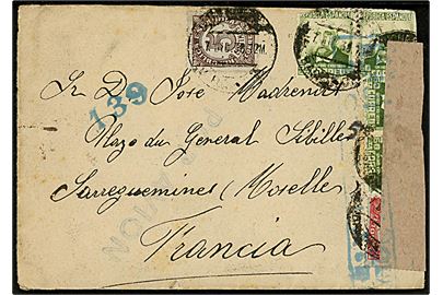 Blandingsfrankeret luftpost brev med svagt stempel fra Barcelona d. 7.10.1938 til Sarreguemines, Frankrig. Åbnet af spansk censur i Barcelona. 