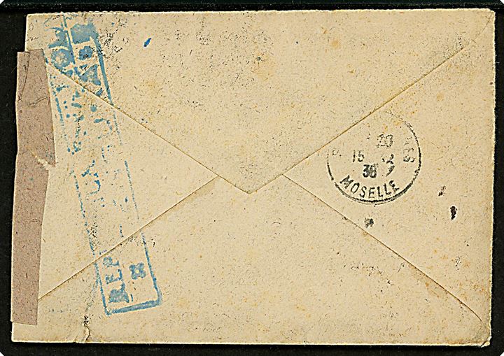 Blandingsfrankeret luftpost brev med svagt stempel fra Barcelona d. 7.10.1938 til Sarreguemines, Frankrig. Åbnet af spansk censur i Barcelona. 