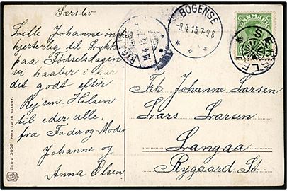 5 øre Chr. X på brevkort annulleret med stjernestempel SÆRSLEV og sidestemplet Bogense d. 9.4.1915 til Langaa pr. Rygaard St.