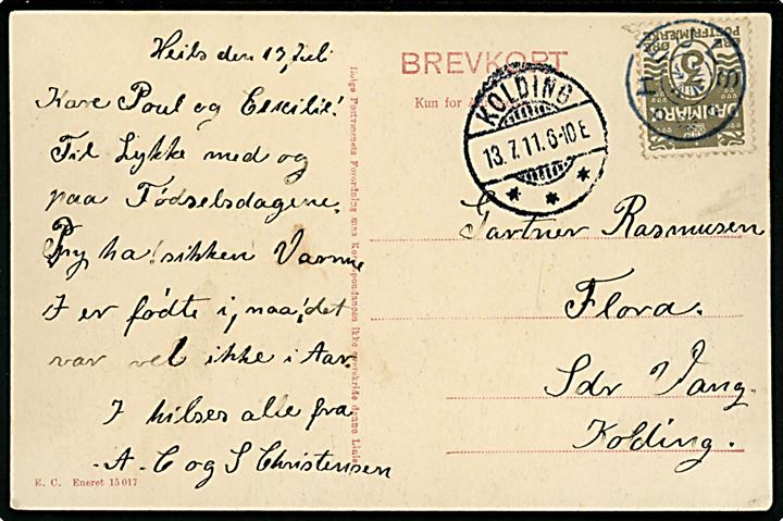 3 øre Bølgelinie på lokalt brevkort annulleret med stjernestempel HEJLS og sidestemplet Kolding d. 13.7.1911 til Sdr. Vang.