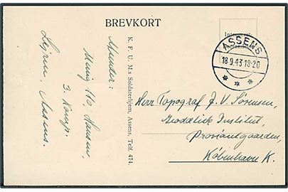 Ufrankeret fortrykt “Interneret forsendelse” brevkort stemplet Assens d. 18.9.1943 til København. Fra interneret soldat i lejren i Assens. 
