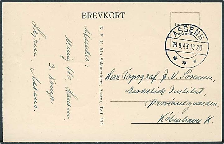 Ufrankeret fortrykt “Interneret forsendelse” brevkort stemplet Assens d. 18.9.1943 til København. Fra interneret soldat i lejren i Assens. 