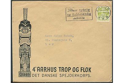 12 øre Bølgelinie på fortrykt kuvert “Olsen / 4’ Aarhus Trop og Folk / Det Danske Spejderkorps” sendt som tryksag fra Århus d. 3.9.1957.