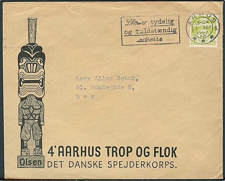 12 øre Bølgelinie på fortrykt kuvert “Olsen / 4’ Aarhus Trop og Folk / Det Danske Spejderkorps” sendt som tryksag fra Århus d. 3.9.1957.