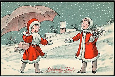 Julekort med 2 piger i vinterdragt. Ukendt tegner. A. Vincent serie 132/2.