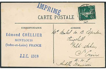 Fransk 5 c. Såeske på brevkort sendt som tryksag fra Tours d. 13.2. ca. 1910 til Kingshill Politistation, St. Croix, Dansk Vestindien.