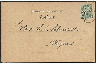 5 øre Våben på brevkort (Tysk Reise-Avis) sendt som tryksag og annulleret med lapidar stempel Holsted d. 20.3. ca. 1890 til Vojens, Nordschleswig.