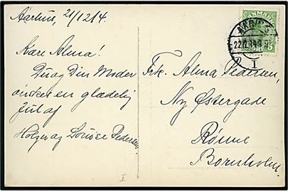 5 øre Chr. X på brevkort annulleret med vanskeligt brotype IIa stempel Aarhus I d. 22.12.1914 til Rønne, Bornholm. Godt stempel benyttet 1913-1916.