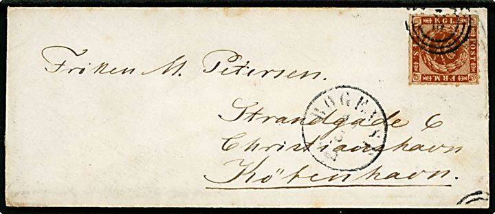 4 sk. stukken kant på brev annulleret med nr.stempel 8 og sidestemplet antiqua Bogense d. 19.5.186? til Kjøbenhavn.